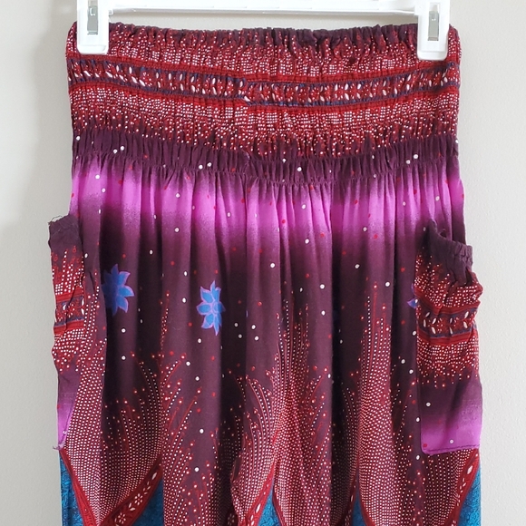 Purple Boho Hippie Chick Patterned Relaxed Fit Stretchy Waist Harem Pants XS S - Picture 2 of 7